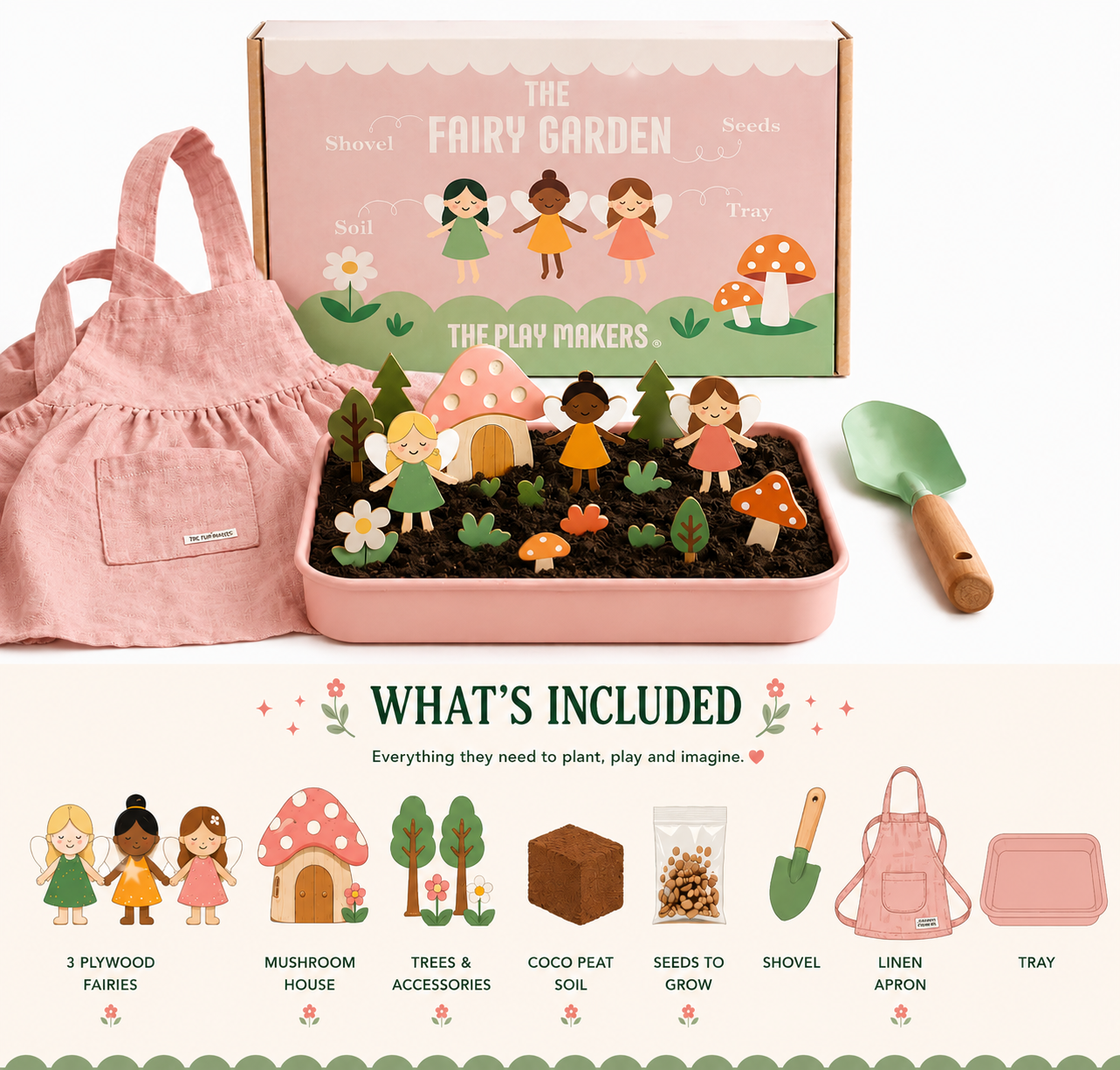 Fairy Garden Starter Kit (Apron,Tray, Shovel, Fairies, Soil & Seeds) The Playmakers Co.