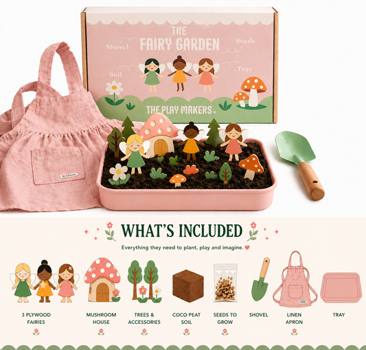 Fairy Garden Starter Kit (Apron,Tray, Shovel, Fairies, Soil & Seeds) The Playmakers Co.